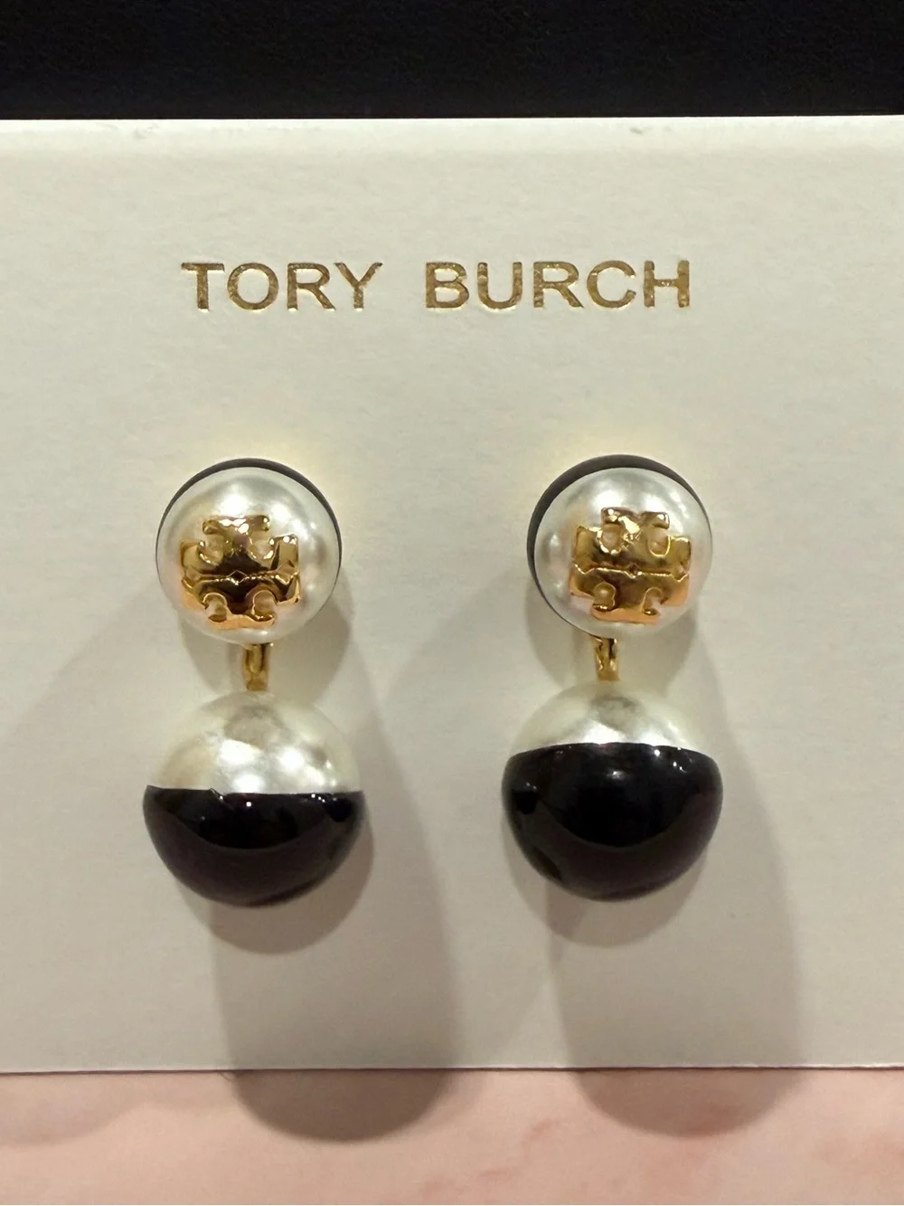 Tory Burch| Gold Plated, Black & Pearl Drop Earrings | Small/Medium